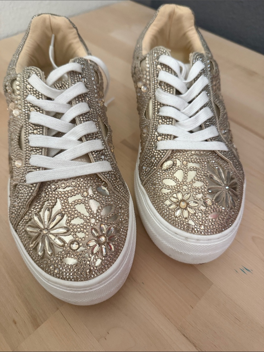 Betsey Johnson Gold Crystal Embellished Platform Sneakers - Picture 2 of 7